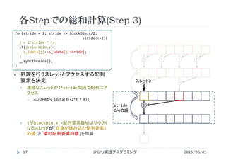 各Stepでの総和計算(Step 3)
2015/06/03GPGPU実践プログラミング17
 処理を行うスレッドとアクセスする配列
要素を決定
 連続なスレッドが2*stride間隔で配列にア
クセス
 スレッド0がs_idata[0(=2*4 * 0)]
 jがblockDim.x(=配列要素数N)より小さく
なるスレッドが「自身が読み込む配列要素i
の値」と「隣の配列要素の値」を加算
＋ ＋ ＋ ＋
＋ ＋
＋stride
が4の段
スレッド0
for(stride = 1; stride <= blockDim.x/2; 
stride<<=1){
j = 2*stride * tx;
if(j<blockDim.x){
s_idata[j]+=s_idata[j+stride];
}
__syncthreads();
}
 