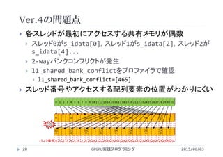Ver.4の問題点
2015/06/03GPGPU実践プログラミング20
 各スレッドが最初にアクセスする共有メモリが偶数
 スレッド0がs_idata[0]，スレッド1がs_idata[2]，スレッド2が
s_idata[4]...
 2‐wayバンクコンフリクトが発生
 l1_shared_bank_conflictをプロファイラで確認
 l1_shared_bank_conflict=[465]
 スレッド番号やアクセスする配列要素の位置がわかりにくい
0 1 2 3 4 5 6 7 8 9 10 11 12 13 14 15 16 17 18 19 20 21 22 23 24 25 26 27 28 29 30 31
0
12
8
0 1 2 3
16
14
4
4 5 6 7
32
16
0
8 9 10 11
48
17
6
12 13 14 15
64
19
2
16 17 18 19
80
20
8
20 21 22 23
96
22
4
24 25 26 27
11
2
24
0
28 29 30 31バンク番号
バンク
コンフリクト
 