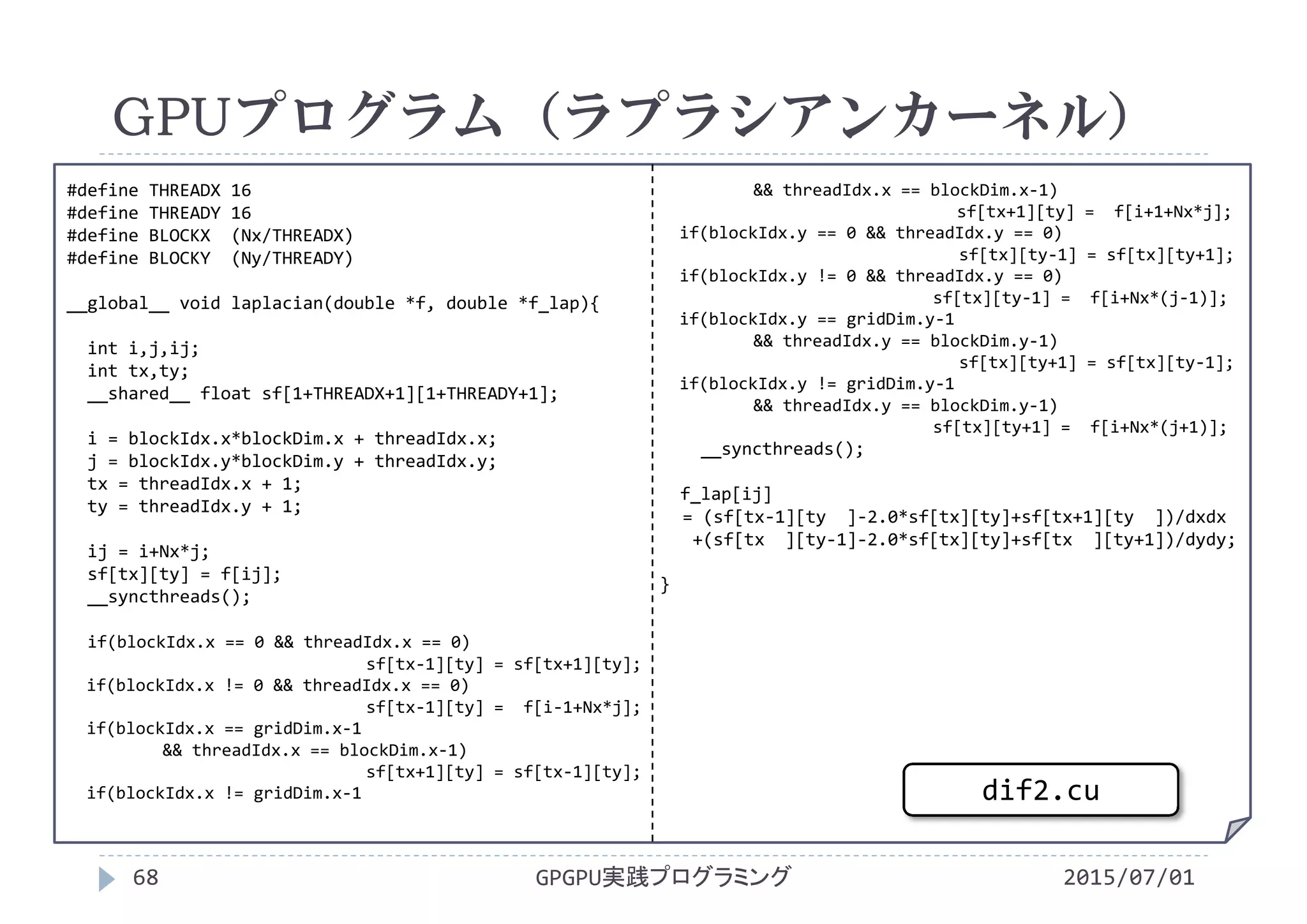 #define THREADX 16
#define THREADY 16
#define BLOCKX  (Nx/THREADX)
#define BLOCKY  (Ny/THREADY)
__global__ void laplacian(double *f, double *f_lap){
int i,j,ij;
int tx,ty;
__shared__ float sf[1+THREADX+1][1+THREADY+1];
i = blockIdx.x*blockDim.x + threadIdx.x;
j = blockIdx.y*blockDim.y + threadIdx.y;
tx = threadIdx.x + 1;
ty = threadIdx.y + 1;
ij = i+Nx*j;
sf[tx][ty] = f[ij];
__syncthreads();
if(blockIdx.x == 0 && threadIdx.x == 0)
sf[tx‐1][ty] = sf[tx+1][ty];
if(blockIdx.x != 0 && threadIdx.x == 0)
sf[tx‐1][ty] =  f[i‐1+Nx*j];
if(blockIdx.x == gridDim.x‐1 
&& threadIdx.x == blockDim.x‐1)
sf[tx+1][ty] = sf[tx‐1][ty];
if(blockIdx.x != gridDim.x‐1
&& threadIdx.x == blockDim.x‐1)
sf[tx+1][ty] =  f[i+1+Nx*j];
if(blockIdx.y == 0 && threadIdx.y == 0)
sf[tx][ty‐1] = sf[tx][ty+1];
if(blockIdx.y != 0 && threadIdx.y == 0)
sf[tx][ty‐1] =  f[i+Nx*(j‐1)];
if(blockIdx.y == gridDim.y‐1
&& threadIdx.y == blockDim.y‐1)
sf[tx][ty+1] = sf[tx][ty‐1];
if(blockIdx.y != gridDim.y‐1
&& threadIdx.y == blockDim.y‐1)
sf[tx][ty+1] =  f[i+Nx*(j+1)];
__syncthreads();
f_lap[ij]
= (sf[tx‐1][ty  ]‐2.0*sf[tx][ty]+sf[tx+1][ty  ])/dxdx
+(sf[tx  ][ty‐1]‐2.0*sf[tx][ty]+sf[tx  ][ty+1])/dydy;
}
GPUプログラム（ラプラシアンカーネル）
2015/07/01GPGPU実践プログラミング68
dif2.cu
 