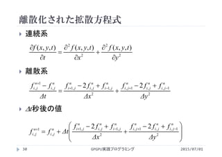 離散化された拡散方程式
 連続系
 離散系
 t秒後の値
2
2
2
2
),,(),,(),,(
y
tyxf
x
tyxf
t
tyxf








2
1,,1,
2
,1,,1,
1
, 22
Δy
fff
Δx
fff
Δt
ff n
ji
n
ji
n
ji
n
ji
n
ji
n
ji
n
ji
n
ji 













 


 
2
1,,1,
2
,1,,1
,
1
,
22
Δy
fff
Δx
fff
Δtff
n
ji
n
ji
n
ji
n
ji
n
ji
n
jin
ji
n
ji
GPGPU実践プログラミング30 2015/07/01
 