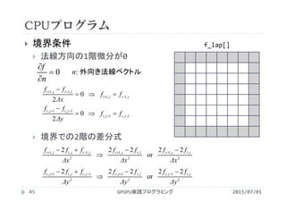 CPUプログラム
 境界条件
 法線方向の1階微分が0
 境界での2階の差分式
GPGPU実践プログラミング45 2015/07/01
f_lap[]
0


n
f
n: 外向き法線ベクトル
jiji
jiji
ff
Δx
ff
,1,1
,1,1
0
2




1,1,
1,1,
0
2




jiji
jiji
ff
Δy
ff
2
,,1
2
,,1
2
,1,,1 22
or
222
Δx
ff
Δx
ff
Δx
fff jijijijijijiji 

 
2
,1,
2
,1,
2
1,,1, 22
or
222
Δy
ff
Δy
ff
Δy
fff jijijijijijiji 

 
 