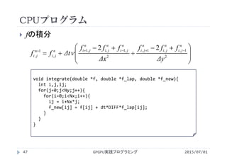 CPUプログラム
 fの積分
void integrate(double *f, double *f_lap, double *f_new){
int i,j,ij;
for(j=0;j<Ny;j++){
for(i=0;i<Nx;i++){
ij = i+Nx*j;
f_new[ij] = f[ij] + dt*DIFF*f_lap[ij];
}
}
}
GPGPU実践プログラミング47 2015/07/01







 


 
2
1,,1,
2
,1,,1
,
1
,
22
Δy
fff
Δx
fff
Δtff
n
ji
n
ji
n
ji
n
ji
n
ji
n
jin
ji
n
ji 
 