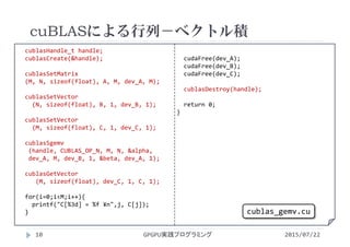 cublasHandle_t handle;
cublasCreate(&handle);
cublasSetMatrix
(M, N, sizeof(float), A, M, dev_A, M);
cublasSetVector
(N, sizeof(float), B, 1, dev_B, 1);
cublasSetVector
(M, sizeof(float), C, 1, dev_C, 1);
cublasSgemv
(handle, CUBLAS_OP_N, M, N, &alpha,
dev_A, M, dev_B, 1, &beta, dev_A, 1);
cublasGetVector
(M, sizeof(float), dev_C, 1, C, 1);
for(i=0;i<M;i++){
printf("C[%3d] = %f ¥n",j, C[j]);
}
cudaFree(dev_A);
cudaFree(dev_B);
cudaFree(dev_C);
cublasDestroy(handle);
return 0;
}
cuBLASによる行列－ベクトル積
GPGPU実践プログラミング10 2015/07/22
cublas_gemv.cu
 