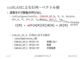 cuBLASによる行列－ベクトル積
2015/07/22GPGPU実践プログラミング13
 演算を行う関数の呼び出し
 cublasSgemv(handle, CUBLAS_OP_N, M, N, &alpha, 
dev_A, M, dev_B, 1, &beta, dev_C, 1);
 CUBLAS_OP_N 行列Bに対する操作
 cublasOperation_t型
 CUBLAS_OP_N OP(B)＝B 処理しない
 CUBLAS_OP_T OP(B)＝BT 転置
 CUBLAS_OP_C OP(B)＝BH 共役転置
C[M] = OP(A[M][N])B[N] + C[M]
アクセスの
ストライド
 