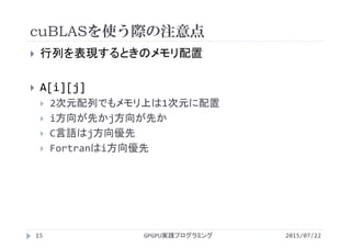cuBLASを使う際の注意点
2015/07/22GPGPU実践プログラミング15
 行列を表現するときのメモリ配置
 A[i][j]
 2次元配列でもメモリ上は1次元に配置
 i方向が先かj方向が先か
 C言語はj方向優先
 Fortranはi方向優先
 