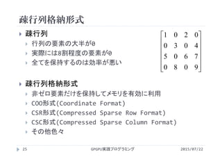 疎行列格納形式
2015/07/22GPGPU実践プログラミング25
 疎行列
 行列の要素の大半が0
 実際には8割程度の要素が0
 全てを保持するのは効率が悪い
 疎行列格納形式
 非ゼロ要素だけを保持してメモリを有効に利用
 COO形式(Coordinate Format)
 CSR形式(Compressed Sparse Row Format)
 CSC形式(Compressed Sparse Column Format)
 その他色々














9080
7605
4030
0201
 