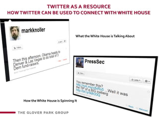 Twitter as a resourcehow twitter can be used to connect with white houseWhat the White House is Talking AboutHow the White House is Spinning It