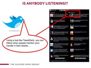IS ANYBODY LISTENING!?Using a tool like TweetDeck, you can follow when people mention your handle in their tweets…