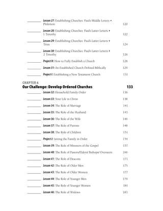 ________ Lesson 27: Establishing Churches: Paul’s Middle Letters •
           Philemon                                                    120

  ________ Lesson 28: Establishing Churches: Paul’s Latter Letters •
           1 Timothy                                                   122

  ________ Lesson 29: Establishing Churches: Paul’s Latter Letters •
           Titus                                                       124

  ________ Lesson 30: Establishing Churches: Paul’s Latter Letters •
           2 Timothy                                                   126

  ________ Project H: How to Fully Establish a Church                  128

  ________ Lesson 31: An Established Church Deﬁned Biblically          129

  ________ Project I: Establishing a New Testament Church              131

CHAPTER 6
Our Challenge: Develop Ordered Churches                                  133
  ________ Lesson 32: Household Family Order                           136

  ________ Lesson 33: Your Life in Christ                              138

  ________ Lesson 34: The Role of Marriage                             141

  ________ Lesson 35: The Role of the Husband                          143

  ________ Lesson 36: The Role of the Wife                             146

  ________ Lesson 37: The Role of Parents                              148

  ________ Lesson 38: The Role of Children                             151

  ________ Project J: Setting the Family in Order                      154

  ________ Lesson 39: The Role of Ministers of the Gospel              157

  ________ Lesson 40: The Role of Pastors/Elders/ Bishops/ Overseers   166

  ________ Lesson 41: The Role of Deacons                              171

  ________ Lesson 42: The Role of Older Men                            175

  ________ Lesson 43: The Role of Older Women                          177

  ________ Lesson 44: The Role of Younger Men                          179

  ________ Lesson 45: The Role of Younger Women                        181

  ________ Lesson 46: The Role of Widows                               183
 