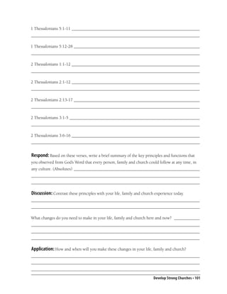 1 Thessalonians 5:1-11 ____________________________________________________________
_______________________________________________________________________________

1 Thessalonians 5:12-28 ___________________________________________________________
_______________________________________________________________________________

2 Thessalonians 1:1-12 ____________________________________________________________
_______________________________________________________________________________

2 Thessalonians 2:1-12 ____________________________________________________________
_______________________________________________________________________________

2 Thessalonians 2:13-17 ___________________________________________________________
_______________________________________________________________________________

2 Thessalonians 3:1-5 _____________________________________________________________
_______________________________________________________________________________

2 Thessalonians 3:6-16 ____________________________________________________________
_______________________________________________________________________________


Respond: Based on these verses, write a brief summary of the key principles and functions that
you observed from God’s Word that every person, family and church could follow at any time, in
any culture. (Absolutes) ___________________________________________________________
_______________________________________________________________________________
_______________________________________________________________________________

Discussion: Contrast these principles with your life, family and church experience today.
_______________________________________________________________________________
_______________________________________________________________________________

What changes do you need to make in your life, family and church here and now? ____________
_______________________________________________________________________________
_______________________________________________________________________________
_______________________________________________________________________________

Application: How and when will you make these changes in your life, family and church?
_______________________________________________________________________________
_______________________________________________________________________________
_______________________________________________________________________________

                                                                       Develop Strong Churches • 101
 