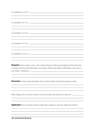 2 Corinthians 11:16-33 ___________________________________________________________
_______________________________________________________________________________
_______________________________________________________________________________

2 Corinthians 12:1-10 ____________________________________________________________
_______________________________________________________________________________
_______________________________________________________________________________

2 Corinthians 12:11-21 ___________________________________________________________
_______________________________________________________________________________
_______________________________________________________________________________

2 Corinthians 13:1-10 ____________________________________________________________
_______________________________________________________________________________
_______________________________________________________________________________

2 Corinthians 13:11-14 ___________________________________________________________
_______________________________________________________________________________
_______________________________________________________________________________


Respond: Based on these verses, write a brief summary of the key principles and functions that
you observed from God’s Word that every person, family and church could follow at any time, in
any culture. (Absolutes) ___________________________________________________________
_______________________________________________________________________________
_______________________________________________________________________________

Discussion: Contrast these principles with your life, family and church experience today.
_______________________________________________________________________________
_______________________________________________________________________________
_______________________________________________________________________________

What changes do you need to make in your life, family and church here and now? ____________
_______________________________________________________________________________
_______________________________________________________________________________

Application: How and when will you make these changes in your life, family and church?
_______________________________________________________________________________
_______________________________________________________________________________
_______________________________________________________________________________

108 • God’s Plan for His Church
 
