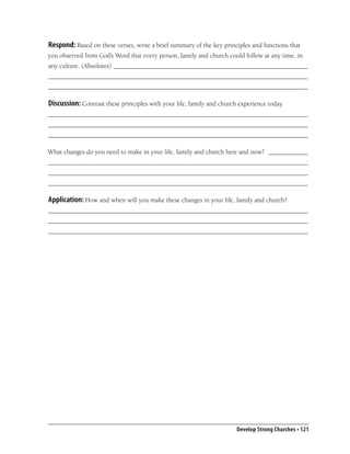 Respond: Based on these verses, write a brief summary of the key principles and functions that
you observed from God’s Word that every person, family and church could follow at any time, in
any culture. (Absolutes) ___________________________________________________________
_______________________________________________________________________________
_______________________________________________________________________________

Discussion: Contrast these principles with your life, family and church experience today.
_______________________________________________________________________________
_______________________________________________________________________________
_______________________________________________________________________________

What changes do you need to make in your life, family and church here and now? ____________
_______________________________________________________________________________
_______________________________________________________________________________
_______________________________________________________________________________

Application: How and when will you make these changes in your life, family and church?
_______________________________________________________________________________
_______________________________________________________________________________
_______________________________________________________________________________




                                                                       Develop Strong Churches • 121
 