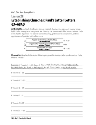 God’s Plan for a Strong Church

Lesson 28
Establishing Churches: Paul’s Latter Letters
63–68AD
First Timothy was Paul’s ﬁrst letter written to establish churches into a properly ordered house-
hold. Paul is passing on to his spiritual son, Timothy, the pattern needed for him to continue Paul’s
work after his departure. The pattern is sound teaching, godliness with contentment, and the
appointment of qualiﬁed spiritual overseers.

                               Properly Ordered Households of God        63–68 AD
                                         Latter Letters
                           Singleminded in the Purpose and Plan of God   60 AD
                                         Middle Letters
                                       Gospel of Pure Grace              48–57 AD
                                          Early Letters


Observation: Read and observe the following verses and write down what you learn about Paul’s
letter to Timothy.


                                     Paul wrote to Timothy how one ought to behave in the
Example: 1 Timothy 3:14-15; Titus1:5 ______________________________________________
household of God, the church of the living God, He left Titus in Crete to set the church in order.
_______________________________________________________________________________

1 Timothy 1:1-11 ________________________________________________________________
_______________________________________________________________________________

1 Timothy 1:12-20 _______________________________________________________________
_______________________________________________________________________________

1 Timothy 2:1-15 ________________________________________________________________
_______________________________________________________________________________

1 Timothy 3:1-7 _________________________________________________________________
_______________________________________________________________________________

1 Timothy 3:8-13 ________________________________________________________________
_______________________________________________________________________________

1 Timothy 3:14-16 _______________________________________________________________
_______________________________________________________________________________

122 • God’s Plan for His Church
 