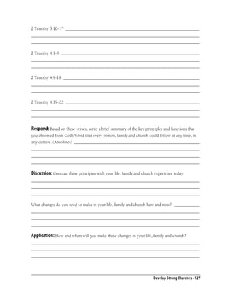 2 Timothy 3:10-17 _______________________________________________________________
_______________________________________________________________________________
_______________________________________________________________________________

2 Timothy 4:1-8 _________________________________________________________________
_______________________________________________________________________________
_______________________________________________________________________________

2 Timothy 4:9-18 ________________________________________________________________
_______________________________________________________________________________
_______________________________________________________________________________

2 Timothy 4:19-22 _______________________________________________________________
_______________________________________________________________________________
_______________________________________________________________________________


Respond: Based on these verses, write a brief summary of the key principles and functions that
you observed from God’s Word that every person, family and church could follow at any time, in
any culture. (Absolutes) ___________________________________________________________
_______________________________________________________________________________
_______________________________________________________________________________
_______________________________________________________________________________

Discussion: Contrast these principles with your life, family and church experience today.
_______________________________________________________________________________
_______________________________________________________________________________
_______________________________________________________________________________

What changes do you need to make in your life, family and church here and now? ____________
_______________________________________________________________________________
_______________________________________________________________________________
_______________________________________________________________________________

Application: How and when will you make these changes in your life, family and church?
_______________________________________________________________________________
_______________________________________________________________________________
_______________________________________________________________________________




                                                                       Develop Strong Churches • 127
 