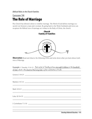 Biblical Roles in the Church Families

Lesson 34
The Role of Marriage
The Church has allowed culture to redeﬁne marriage. The Word of God deﬁnes marriage as a
sacred vow between a man and a woman. By going back to the Word, husbands and wives can
recapture the biblical view of marriage as it relates to the Body of Christ, the church.
                                         Church
                                    Family of Families


                                                    n 34 : Mar r i ag
                                              sso                       e
                                         Le




                                                                                   world
                    world




Observation: Read and observe the following verses and write down what you learn about God’s
view of Marriage.


                            Paul writes to Timothy on how one ought to behave in the household
Example: 1 Timothy 3:14-15 ______________________________________________________
of God, which is the church of the living God, a pillar and buttress of truth.
_______________________________________________________________________________

Genesis 2:18-25 _________________________________________________________________
_______________________________________________________________________________

Matthew 19:3-6 _________________________________________________________________
_______________________________________________________________________________

Mark 10:6-9 ____________________________________________________________________
_______________________________________________________________________________

Luke 20:34-35 __________________________________________________________________
_______________________________________________________________________________

1 Corinthians 7:1-16 _____________________________________________________________
_______________________________________________________________________________
_______________________________________________________________________________

                                                                            Develop Ordered Churches • 141
 