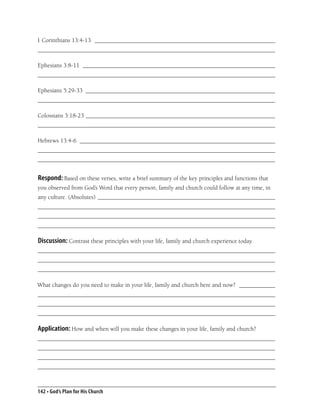 1 Corinthians 13:4-13 ____________________________________________________________
_______________________________________________________________________________

Ephesians 3:8-11 ________________________________________________________________
_______________________________________________________________________________

Ephesians 5:29-33 _______________________________________________________________
_______________________________________________________________________________

Colossians 3:18-23 _______________________________________________________________
_______________________________________________________________________________

Hebrews 13:4-6 _________________________________________________________________
_______________________________________________________________________________
_______________________________________________________________________________


Respond: Based on these verses, write a brief summary of the key principles and functions that
you observed from God’s Word that every person, family and church could follow at any time, in
any culture. (Absolutes) ___________________________________________________________
_______________________________________________________________________________
_______________________________________________________________________________
_______________________________________________________________________________

Discussion: Contrast these principles with your life, family and church experience today.
_______________________________________________________________________________
_______________________________________________________________________________
_______________________________________________________________________________

What changes do you need to make in your life, family and church here and now? ____________
_______________________________________________________________________________
_______________________________________________________________________________
_______________________________________________________________________________

Application: How and when will you make these changes in your life, family and church?
_______________________________________________________________________________
_______________________________________________________________________________
_______________________________________________________________________________
_______________________________________________________________________________



142 • God’s Plan for His Church
 