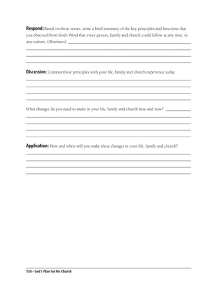 Respond: Based on these verses, write a brief summary of the key principles and functions that
you observed from God’s Word that every person, family and church could follow at any time, in
any culture. (Absolutes) ___________________________________________________________
_______________________________________________________________________________
_______________________________________________________________________________
_______________________________________________________________________________

Discussion: Contrast these principles with your life, family and church experience today.
_______________________________________________________________________________
_______________________________________________________________________________
_______________________________________________________________________________
_______________________________________________________________________________

What changes do you need to make in your life, family and church here and now? ____________
_______________________________________________________________________________
_______________________________________________________________________________
_______________________________________________________________________________
_______________________________________________________________________________

Application: How and when will you make these changes in your life, family and church?
_______________________________________________________________________________
_______________________________________________________________________________
_______________________________________________________________________________
_______________________________________________________________________________




150 • God’s Plan for His Church
 