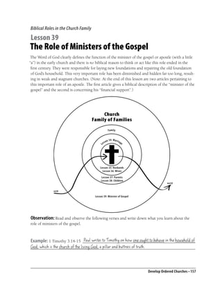 Biblical Roles in the Church Family

Lesson 39
The Role of Ministers of the Gospel
The Word of God clearly deﬁnes the function of the minister of the gospel or apostle (with a little
“a”) in the early church and there is no biblical reason to think or act like this role ended in the
 ﬁrst century. They were responsible for laying new foundations and repairing the old foundation
 of God’s household. This very important role has been diminished and hidden far too long, result-
 ing in weak and stagnant churches. (Note: At the end of this lesson are two articles pertaining to
 this important role of an apostle. The ﬁrst article gives a biblical description of the “minister of the
 gospel” and the second is concerning his “ﬁnancial support”.)




                                            Church
                                       Family of Families
                                                          Fa m i l y


                                                         n 34 : Mar r i ag
                                                   sso                       e
                                              Le




                                             Lesson 35: Husbands
                                               Lesson 36: Wives

                                              Lesson 37: Parents
                                              Lesson 38: Children
                                                                                            world


              world

                                         Lesson 39: Minister of Gospel




Observation: Read and observe the following verses and write down what you learn about the
role of ministers of the gospel.


                            Paul writes to Timothy on how one ought to behave in the household of
Example: 1 Timothy 3:14-15 ______________________________________________________
God, which is the church of the living God, a pillar and buttress of truth.
_______________________________________________________________________________




                                                                                 Develop Ordered Churches • 157
 