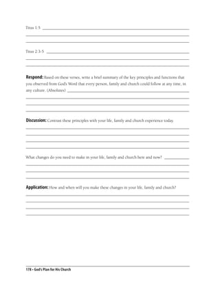 Titus 1:5 _______________________________________________________________________
_______________________________________________________________________________
_______________________________________________________________________________

Titus 2:3-5 _____________________________________________________________________
_______________________________________________________________________________
_______________________________________________________________________________


Respond: Based on these verses, write a brief summary of the key principles and functions that
you observed from God’s Word that every person, family and church could follow at any time, in
any culture. (Absolutes) ___________________________________________________________
_______________________________________________________________________________
_______________________________________________________________________________
_______________________________________________________________________________

Discussion: Contrast these principles with your life, family and church experience today.
_______________________________________________________________________________
_______________________________________________________________________________
_______________________________________________________________________________
_______________________________________________________________________________

What changes do you need to make in your life, family and church here and now? ____________
_______________________________________________________________________________
_______________________________________________________________________________
_______________________________________________________________________________

Application: How and when will you make these changes in your life, family and church?
_______________________________________________________________________________
_______________________________________________________________________________
_______________________________________________________________________________
_______________________________________________________________________________




178 • God’s Plan for His Church
 