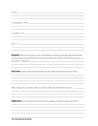 Acts 6:1 ________________________________________________________________________
_______________________________________________________________________________
_______________________________________________________________________________

1 Corinthians 7:39-40 ____________________________________________________________
_______________________________________________________________________________
_______________________________________________________________________________

1 Timothy 5:1-16 ________________________________________________________________
_______________________________________________________________________________
_______________________________________________________________________________

Titus 1:5 _______________________________________________________________________
_______________________________________________________________________________
_______________________________________________________________________________


Respond: Based on these verses, write a brief summary of the key principles and functions that
you observed from God’s Word that every person, family and church could follow at any time, in
any culture. (Absolutes) ___________________________________________________________
_______________________________________________________________________________
_______________________________________________________________________________

Discussion: Contrast these principles with your life, family and church experience today.
_______________________________________________________________________________
_______________________________________________________________________________
_______________________________________________________________________________
_______________________________________________________________________________

What changes do you need to make in your life, family and church here and now? ____________
_______________________________________________________________________________
_______________________________________________________________________________
_______________________________________________________________________________

Application: How and when will you make these changes in your life, family and church?
_______________________________________________________________________________
_______________________________________________________________________________
_______________________________________________________________________________
_______________________________________________________________________________


184 • God’s Plan for His Church
 