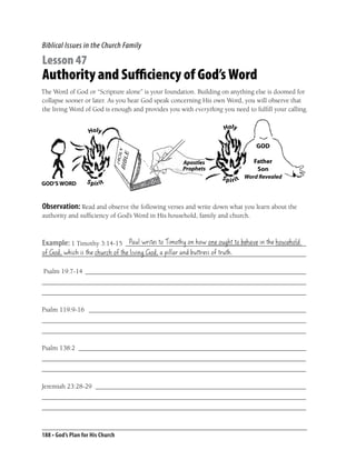 Biblical Issues in the Church Family

Lesson 47
Authority and Sufficiency of God’s Word
The Word of God or “Scripture alone” is your foundation. Building on anything else is doomed for
collapse sooner or later. As you hear God speak concerning His own Word, you will observe that
the living Word of God is enough and provides you with everything you need to fulﬁll your calling.




 GOD’S WORD
Observation: Read and observe the following verses and write down what you learn about the
 HOLY SPIRIT
 QUIET TIME
authority and sufﬁciency of God’s Word in His household, family and church.
 SERVANT LEADERS

 MEN                        Paul writes to Timothy on how one ought to behave in the household
Example: 1 Timothy 3:14-15 ______________________________________________________
 WOMEN
of God, which is the church of the living God, a pillar and buttress of truth.
_______________________________________________________________________________
 MEMBERSHIP
 Psalm 19:7-14 __________________________________________________________________
 SPIRITUAL GIFTS
_______________________________________________________________________________
 STRONG
_______________________________________________________________________________
 WEAK
Psalm 119:9-16 _________________________________________________________________
_______________________________________________________________________________
_______________________________________________________________________________

Psalm 138:2 ____________________________________________________________________
_______________________________________________________________________________
_______________________________________________________________________________

Jeremiah 23:28-29 _______________________________________________________________
_______________________________________________________________________________
_______________________________________________________________________________



188 • God’s Plan for His Church
 