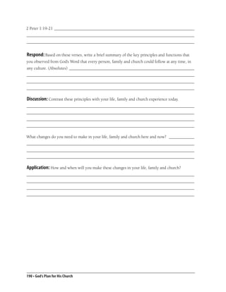 2 Peter 1:19-21 __________________________________________________________________
_______________________________________________________________________________
_______________________________________________________________________________


Respond: Based on these verses, write a brief summary of the key principles and functions that
you observed from God’s Word that every person, family and church could follow at any time, in
any culture. (Absolutes) ___________________________________________________________
_______________________________________________________________________________
_______________________________________________________________________________
_______________________________________________________________________________

Discussion: Contrast these principles with your life, family and church experience today.
_______________________________________________________________________________
_______________________________________________________________________________
_______________________________________________________________________________
_______________________________________________________________________________

What changes do you need to make in your life, family and church here and now? ____________
_______________________________________________________________________________
_______________________________________________________________________________
_______________________________________________________________________________

Application: How and when will you make these changes in your life, family and church?
_______________________________________________________________________________
_______________________________________________________________________________
_______________________________________________________________________________
_______________________________________________________________________________




190 • God’s Plan for His Church
 