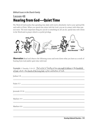 Biblical Issues in the Church Family

Lesson 48
Hearing from God—Quiet Time
The Word of God teaches that spending time daily with God is absolutely vital to your spiritual life
and walk in Christ. When you spend time alone with the Lord, you are in contact with what mat-
ters most. The most important thing we can do is something we all can do; spend time with Christ
in the Word and in prayer which is a joyful privilege.




 QUIET TIME



Observation: Read and observe the following verses and write down what you learn as a result of
hearing from God and/or quiet time with God.


                            Paul writes to Timothy on how one ought to behave in the household
Example: 1 Timothy 3:14-15 ______________________________________________________
of God, which is the church of the living God, a pillar and buttress of truth.
_______________________________________________________________________________

Joshua 1:8 ______________________________________________________________________
_______________________________________________________________________________

Psalm 5:3 ______________________________________________________________________
_______________________________________________________________________________

Jeremiah 15:16 __________________________________________________________________
_______________________________________________________________________________

Matthew 4:4 ____________________________________________________________________
_______________________________________________________________________________

Matthew 6:6 ____________________________________________________________________
_______________________________________________________________________________



                                                                       Develop Ordered Churches • 191
 