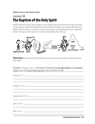 Biblical Issues in the Church Family

Lesson 50
The Baptism of the Holy Spirit
Much of life and ministry that is going on in the church today is pre-Pentecostal. We teach about
the incarnation, death, burial and resurrection of Christ but neglect the ascension and Pentecost.
Without Pentecost there is no hope, no resurrection power, no transformation and no signiﬁcant
witness. Having the Holy Spirit in us is better than having Christ with us!




SPIRIT BAPTISM



Observation: Read and observe the following verses and write down what you learn about the
Holy Spirit.


                            Paul writes to Timothy on how one ought to behave in the household
Example: 1 Timothy 3:14-15 ______________________________________________________
of God, which is the church of the living God, a pillar and buttress of truth.
_______________________________________________________________________________

Genesis 1:1-2 ___________________________________________________________________
_______________________________________________________________________________
_______________________________________________________________________________

2 Kings 6:13-18 _________________________________________________________________
_______________________________________________________________________________
_______________________________________________________________________________

Ezekiel 36:25–37:14 _____________________________________________________________
_______________________________________________________________________________

John 1:32-33 ___________________________________________________________________
_______________________________________________________________________________

John 3:3-8 _____________________________________________________________________
_______________________________________________________________________________
                                                                       Develop Ordered Churches • 195
 