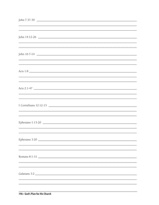 John 7:37-39 ___________________________________________________________________
_______________________________________________________________________________
_______________________________________________________________________________

John 14:12-26 __________________________________________________________________
_______________________________________________________________________________
_______________________________________________________________________________

John 16:7-14 ___________________________________________________________________
_______________________________________________________________________________
_______________________________________________________________________________

Acts 1:8 ________________________________________________________________________
_______________________________________________________________________________
_______________________________________________________________________________

Acts 2:1-47 _____________________________________________________________________
_______________________________________________________________________________
_______________________________________________________________________________

1 Corinthians 12:12-13 ___________________________________________________________
_______________________________________________________________________________
_______________________________________________________________________________

Ephesians 1:13-20 _______________________________________________________________
_______________________________________________________________________________
_______________________________________________________________________________

Ephesians 3:20 __________________________________________________________________
_______________________________________________________________________________
_______________________________________________________________________________

Romans 8:1-11 __________________________________________________________________
_______________________________________________________________________________
_______________________________________________________________________________

Galatians 3:2 ____________________________________________________________________
_______________________________________________________________________________
_______________________________________________________________________________


196 • God’s Plan for His Church
 