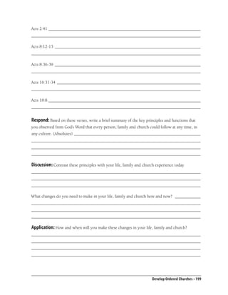 Acts 2:41 _______________________________________________________________________
_______________________________________________________________________________

Acts 8:12-13 ____________________________________________________________________
_______________________________________________________________________________

Acts 8:36-39 ____________________________________________________________________
_______________________________________________________________________________

Acts 16:31-34 ___________________________________________________________________
_______________________________________________________________________________

Acts 18:8 _______________________________________________________________________
_______________________________________________________________________________


Respond: Based on these verses, write a brief summary of the key principles and functions that
you observed from God’s Word that every person, family and church could follow at any time, in
any culture. (Absolutes) ___________________________________________________________
_______________________________________________________________________________
_______________________________________________________________________________
_______________________________________________________________________________

Discussion: Contrast these principles with your life, family and church experience today.
_______________________________________________________________________________
_______________________________________________________________________________
_______________________________________________________________________________

What changes do you need to make in your life, family and church here and now? ____________
_______________________________________________________________________________
_______________________________________________________________________________
_______________________________________________________________________________

Application: How and when will you make these changes in your life, family and church?
_______________________________________________________________________________
_______________________________________________________________________________
_______________________________________________________________________________
_______________________________________________________________________________




                                                                      Develop Ordered Churches • 199
 