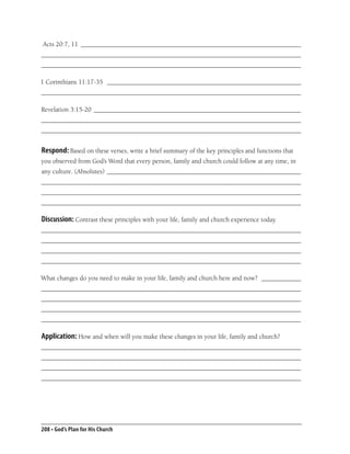 Acts 20:7, 11 ___________________________________________________________________
_______________________________________________________________________________
_______________________________________________________________________________

1 Corinthians 11:17-35 ___________________________________________________________
_______________________________________________________________________________

Revelation 3:15-20 _______________________________________________________________
_______________________________________________________________________________
_______________________________________________________________________________


Respond: Based on these verses, write a brief summary of the key principles and functions that
you observed from God’s Word that every person, family and church could follow at any time, in
any culture. (Absolutes) ___________________________________________________________
_______________________________________________________________________________
_______________________________________________________________________________
_______________________________________________________________________________

Discussion: Contrast these principles with your life, family and church experience today.
_______________________________________________________________________________
_______________________________________________________________________________
_______________________________________________________________________________
_______________________________________________________________________________

What changes do you need to make in your life, family and church here and now? ____________
_______________________________________________________________________________
_______________________________________________________________________________
_______________________________________________________________________________
_______________________________________________________________________________

Application: How and when will you make these changes in your life, family and church?
_______________________________________________________________________________
_______________________________________________________________________________
_______________________________________________________________________________
_______________________________________________________________________________




208 • God’s Plan for His Church
 