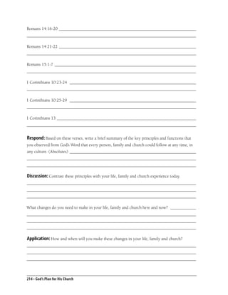 Romans 14:16-20 ________________________________________________________________
_______________________________________________________________________________

Romans 14:21-22 ________________________________________________________________
_______________________________________________________________________________

Romans 15:1-7 __________________________________________________________________
_______________________________________________________________________________

1 Corinthians 10:23-24 ___________________________________________________________
_______________________________________________________________________________

1 Corinthians 10:25-29 ___________________________________________________________
_______________________________________________________________________________

1 Corinthians 13 _________________________________________________________________
_______________________________________________________________________________


Respond: Based on these verses, write a brief summary of the key principles and functions that
you observed from God’s Word that every person, family and church could follow at any time, in
any culture. (Absolutes) ___________________________________________________________
_______________________________________________________________________________
_______________________________________________________________________________

Discussion: Contrast these principles with your life, family and church experience today.
_______________________________________________________________________________
_______________________________________________________________________________
_______________________________________________________________________________

What changes do you need to make in your life, family and church here and now? ____________
_______________________________________________________________________________
_______________________________________________________________________________
_______________________________________________________________________________

Application: How and when will you make these changes in your life, family and church?
_______________________________________________________________________________
_______________________________________________________________________________
_______________________________________________________________________________



214 • God’s Plan for His Church
 