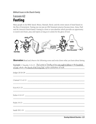 Biblical Issues in the Church Family

Lesson 62
Fasting
Many people in the Bible fasted; Moses, Hannah, David, and the entire nation of Israel fasted on
the Day of Atonement. Fasting was not just an Old Testament practice because Jesus, Anna, Paul
and the Antioch Church fasted. Fasting is a form or non-absolute which provides an opportunity
to search one’s heart, pray and repent as long as it is done for the glory of God.




FASTING




Observation: Read and observe the following verses and write down what you learn about fasting.
                            Paul writes to Timothy on how one ought to behave in the household
Example: 1 Timothy 3:14-15 ______________________________________________________
of God, which is the church of the living God, a pillar and buttress of truth.
_______________________________________________________________________________

Judges 20:26-28 _________________________________________________________________
_______________________________________________________________________________

I Samuel 1:1–2:11 _______________________________________________________________
_______________________________________________________________________________

Ezra 8:21-23 ____________________________________________________________________
_______________________________________________________________________________

Esther 4:12-17 __________________________________________________________________
_______________________________________________________________________________

Psalm 35:13 ____________________________________________________________________
_______________________________________________________________________________

Isaiah 58:1-14 __________________________________________________________________
_______________________________________________________________________________

                                                                     Develop Ordered Churches • 221
 