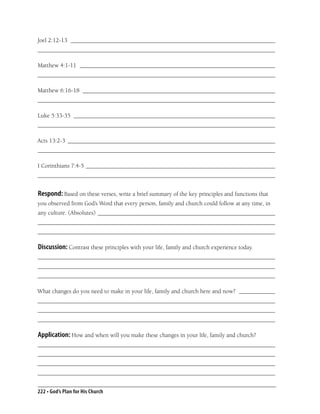 Joel 2:12-13 ____________________________________________________________________
_______________________________________________________________________________

Matthew 4:1-11 _________________________________________________________________
_______________________________________________________________________________

Matthew 6:16-18 ________________________________________________________________
_______________________________________________________________________________

Luke 5:33-35 ___________________________________________________________________
_______________________________________________________________________________

Acts 13:2-3 _____________________________________________________________________
_______________________________________________________________________________

I Corinthians 7:4-5 _______________________________________________________________
_______________________________________________________________________________


Respond: Based on these verses, write a brief summary of the key principles and functions that
you observed from God’s Word that every person, family and church could follow at any time, in
any culture. (Absolutes) ___________________________________________________________
_______________________________________________________________________________
_______________________________________________________________________________

Discussion: Contrast these principles with your life, family and church experience today.
_______________________________________________________________________________
_______________________________________________________________________________
_______________________________________________________________________________

What changes do you need to make in your life, family and church here and now? ____________
_______________________________________________________________________________
_______________________________________________________________________________
_______________________________________________________________________________

Application: How and when will you make these changes in your life, family and church?
_______________________________________________________________________________
_______________________________________________________________________________
_______________________________________________________________________________
_______________________________________________________________________________


222 • God’s Plan for His Church
 