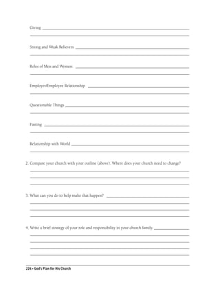 Giving _______________________________________________________________________
  _____________________________________________________________________________


  Strong and Weak Believers _______________________________________________________
  _____________________________________________________________________________


  Roles of Men and Women _______________________________________________________
  _____________________________________________________________________________


  Employer/Employee Relationship _________________________________________________
  _____________________________________________________________________________


  Questionable Things ____________________________________________________________
  _____________________________________________________________________________


  Fasting ______________________________________________________________________
  _____________________________________________________________________________


  Relationship with World _________________________________________________________
  _____________________________________________________________________________


2. Compare your church with your outline (above). Where does your church need to change?
  _____________________________________________________________________________
  _____________________________________________________________________________
  _____________________________________________________________________________


3. What can you do to help make that happen? ________________________________________
  _____________________________________________________________________________
  _____________________________________________________________________________
  _____________________________________________________________________________


4. Write a brief strategy of your role and responsibility in your church family. _________________
  _____________________________________________________________________________
  _____________________________________________________________________________
  _____________________________________________________________________________
  _____________________________________________________________________________


226 • God’s Plan for His Church
 