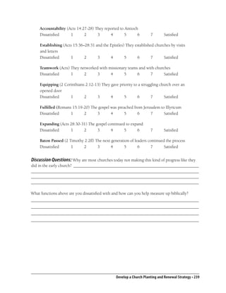 Accountability (Acts 14:27-28) They reported to Antioch
    Dissatisﬁed      1       2      3      4        5      6          7       Satisﬁed

     Establishing (Acts 15:36–28:31 and the Epistles) They established churches by visits
     and letters
     Dissatisﬁed      1       2      3      4        5      6        7      Satisﬁed

     Teamwork (Acts) They networked with missionary teams and with churches
     Dissatisﬁed     1      2      3      4      5       6      7       Satisﬁed

     Equipping (2 Corinthians 2:12-13) They gave priority to a struggling church over an
     opened door
     Dissatisﬁed     1       2      3       4      5        6        7      Satisﬁed

     Fulﬁlled (Romans 15:19-20) The gospel was preached from Jerusalem to Illyricum
     Dissatisﬁed     1      2      3       4      5       6      7       Satisﬁed

     Expanding (Acts 28:30-31) The gospel continued to expand
     Dissatisﬁed     1      2       3       4      5      6           7       Satisﬁed

     Baton Passed (2 Timothy 2:2ff) The next generation of leaders continued the process
     Dissatisﬁed      1     2        3       4      5        6       7      Satisﬁed


Discussion Questions: Why are most churches today not making this kind of progress like they
did in the early church? ___________________________________________________________
_______________________________________________________________________________
_______________________________________________________________________________
_______________________________________________________________________________

What functions above are you dissatisﬁed with and how can you help measure up biblically?
_______________________________________________________________________________
_______________________________________________________________________________
_______________________________________________________________________________
_______________________________________________________________________________




                                                 Develop a Church Planting and Renewal Strategy • 239
 