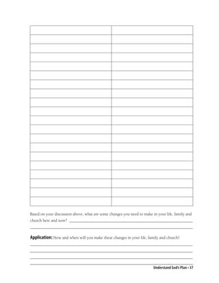 Based on your discussion above, what are some changes you need to make in your life, family and
church here and now? ____________________________________________________________
_______________________________________________________________________________

Application: How and when will you make these changes in your life, family and church?
_______________________________________________________________________________
_______________________________________________________________________________
_______________________________________________________________________________

                                                                        Understand God’s Plan • 37
 