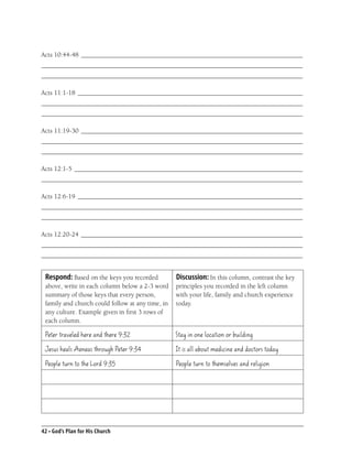 Acts 10:44-48 ___________________________________________________________________
_______________________________________________________________________________
_______________________________________________________________________________

Acts 11:1-18 ____________________________________________________________________
_______________________________________________________________________________
_______________________________________________________________________________

Acts 11:19-30 ___________________________________________________________________
_______________________________________________________________________________
_______________________________________________________________________________

Acts 12:1-5 _____________________________________________________________________
_______________________________________________________________________________

Acts 12:6-19 ____________________________________________________________________
_______________________________________________________________________________
_______________________________________________________________________________

Acts 12:20-24 ___________________________________________________________________
_______________________________________________________________________________
_______________________________________________________________________________


 Respond: Based on the keys you recorded          Discussion: In this column, contrast the key
 above, write in each column below a 2-3 word     principles you recorded in the left column
 summary of those keys that every person,         with your life, family and church experience
 family and church could follow at any time, in   today.
 any culture. Example given in ﬁrst 3 rows of
 each column.

 Peter traveled here and there 9:32               Stay in one location or building
 Jesus heals Aeneas through Peter 9:34            It is all about medicine and doctors today
 People turn to the Lord 9:35                     People turn to themselves and religion




42 • God’s Plan for His Church
 