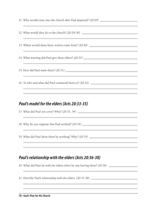 11. Who would come into the church after Paul departed? (20:29) _________________________
    ____________________________________________________________________________

12. What would they do to the church? (20:29-30) _____________________________________
    ____________________________________________________________________________

13. Where would these ﬁerce wolves come from? (20:30) ________________________________
    ____________________________________________________________________________

14. What warning did Paul give these elders? (20:31) ____________________________________
    ____________________________________________________________________________

15. How did Paul warn them? (20:31) ________________________________________________
    ____________________________________________________________________________

16. To who and what did Paul commend them to? (20:32) _______________________________
    ____________________________________________________________________________
    ____________________________________________________________________________



Paul’s model for the elders (Acts 20:33-35)
17. What did Paul not covet? Why? (20:33, 34) ________________________________________
    ____________________________________________________________________________

18. Why do you suppose that Paul worked? (20:34) _____________________________________
    ____________________________________________________________________________

19. What did Paul show them by working? Why? (20:35) ________________________________
    ____________________________________________________________________________
    ____________________________________________________________________________



Paul’s relationship with the elders (Acts 20:36-38)
20. What did Paul do with the elders when he was leaving them? (20:36) ___________________
    ____________________________________________________________________________

21. Describe Paul’s relationship with the elders. (20:37-38) _______________________________
    ____________________________________________________________________________
    ____________________________________________________________________________

78 • God’s Plan for His Church
 