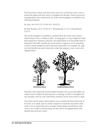 Paul went back to these cities three more times for a total of four times; once to
                   preach the gospel and three times to strengthen the disciples. Paul’s concerns for
                   strengthening is also evidenced by use of the word strengthen or establish in the
                   following Scriptures:

                   By Luke: Acts 14:21-23; 15:36–16:5; 18:22-23

                   By Paul: Romans 1:8-15; 16:25-27; 1 Thessalonians 3:1-13; 2 Thessalonians
                   2:16-17

                   The words strengthen or establish is translated from the Greek word “sterizo”
                   which means to ﬁx or to fasten in place. Its usage gives us a key insight into what
                   Paul wanted new churches to become. He wanted them to be doctrinally ﬁxed or
                   fastened in their faith. Literally this word means to support or to ﬁx something
                   so that it stands upright by itself or becomes immovable. For example, the origi-
                   nal word literally was used to describe a stake that supports a vine. Look at the
                   diagram below:




                                   Stake                          Stand on
                                 Church                            its own
                                 Planter       new                             established
                                               plant                              plant

                                  New Believer/Church           Established Believer/Church

                   Therefore, Paul wanted the newly founded churches to be secure and stable, not
                   easily moved or shaken by false doctrine or teaching. In order to strengthen the
                   new disciples, Paul not only visited these churches, but he wrote letters to them.

                   Since Paul was the master church planter, let us consider his letters like tools of
                   his trade, so to speak. Just as a master carpenter or mechanic must know what
                   tools to use on a particular job so a master church planter should know what
                   tools to use to make a church strong. See the tools in the diagram below and
                   identify how each one is used:




92 • God’s Plan for His Church
 