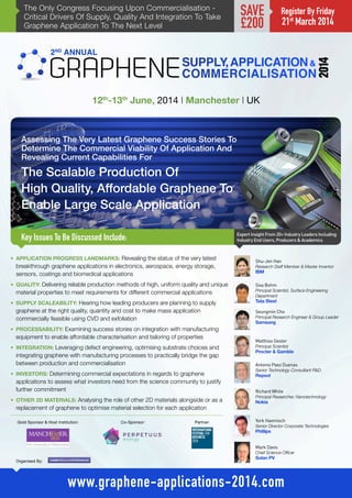 The Only Congress Focusing Upon Commercialisation Critical Drivers Of Supply, Quality And Integration To Take
Graphene Application To The Next Level

SAVE
£200

Register By Friday

21st March 2014

12th-13th June, 2014 | Manchester | UK

Assessing The Very Latest Graphene Success Stories To
Determine The Commercial Viability Of Application And
Revealing Current Capabilities For

The Scalable Production Of
High Quality, Affordable Graphene To
Enable Large Scale Application
Expert Insight From 20+ Industry Leaders Including
Industry End Users, Producers  Academics

Key Issues To Be Discussed Include:
•	 APPLICATION PROGRESS LANDMARKS: Revealing the status of the very latest

breakthrough graphene applications in electronics, aerospace, energy storage,
sensors, coatings and biomedical applications
•	 QUALITY: Delivering reliable production methods of high, uniform quality and unique

material properties to meet requirements for different commercial applications
•	 SUPPLY SCALEABILITY: Hearing how leading producers are planning to supply

graphene at the right quality, quantity and cost to make mass application
commercially feasible using CVD and exfoliation

Shu-Jen Han
Research Staff Member  Master Inventor

IBM

Siva Bohm
Principal Scientist, Surface Engineering
Department

Tata Steel

Seungmin Cho
Principal Research Engineer  Group Leader

Samsung

•	 PROCESSABILITY: Examining success stories on integration with manufacturing

equipment to enable affordable characterisation and tailoring of properties
•	 INTEGRATION: Leveraging defect engineering, optimising substrate choices and

integrating graphene with manufacturing processes to practically bridge the gap
between production and commercialisation
•	 INVESTORS: Determining commercial expectations in regards to graphene

applications to assess what investors need from the science community to justify
further commitment
•	 OTHER 2D MATERIALS: Analysing the role of other 2D materials alongside or as a

replacement of graphene to optimise material selection for each application
Gold Sponsor  Host Institution:

Co-Sponsor:

Partner:

Matthias Gester
Principal Scientist

Procter  Gamble
Antonio Paez Duenas
Senior Technology Consultant RD

Repsol

Richard White
Principal Researcher, Nanotechnology

Nokia

York Haemisch
Senior Director Corporate Technologies

Phillips

Mark Davis
Chief Science Officer
Organised By:

Solan PV

www.graphene-applications-2014.com

 