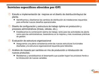 Servicios específicos ofrecidos por GPI Estudio e implementación de  mejoras en el diseño de distribución/layout de planta. Identificamos y diseñamos los cambios de distribución de instalaciones requeridos para enfrentar nuevos desafíos operacionales. Diseño de configuración y estructura de trabajo óptima en producción y procesos administrativos (líneas, células, etc.). Establecemos la combinación óptima de trabajo, tanto para las actividades de planta como para las administrativas, basándonos en la mejores y más novedosas prácticas de gestión. Evaluación de estructura organizacional Aseguramos una plena consistencia entre las nuevas estructuras funcionales diseñadas y la estructura organizacional requerida para liderarlas. Análisis de impacto por cambios en mix de producción o introducción de nuevos productos. Modelamos y sensibilizamos el desempeño que pueden lograr los procesos frente a la introducción de nuevas variables. 