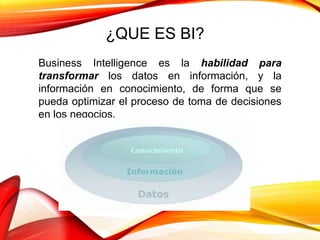 ¿QUE ES BI?
Business Intelligence es la habilidad para
transformar los datos en información, y la
información en conocimiento, de forma que se
pueda optimizar el proceso de toma de decisiones
en los negocios.
 