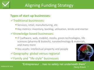 Aligning Funding StrategyTypes of start up businesses:Traditional businesses:Services, retail, manufacturing, etc.Key metrics: inventory, backlog, utilization, bricks and mortarKnowledge based businesses:IT (software, web, mobile), media, green technologies, life sciences (pharma & biotech), nanotechnology & materials, and many moreKey assets: intellectual property and peopleGeography: global versus regionalFamily and “life style” businessesVERDEXUS © 20107“Entrepreneur …has no safety net underneath them”Henry Kravis