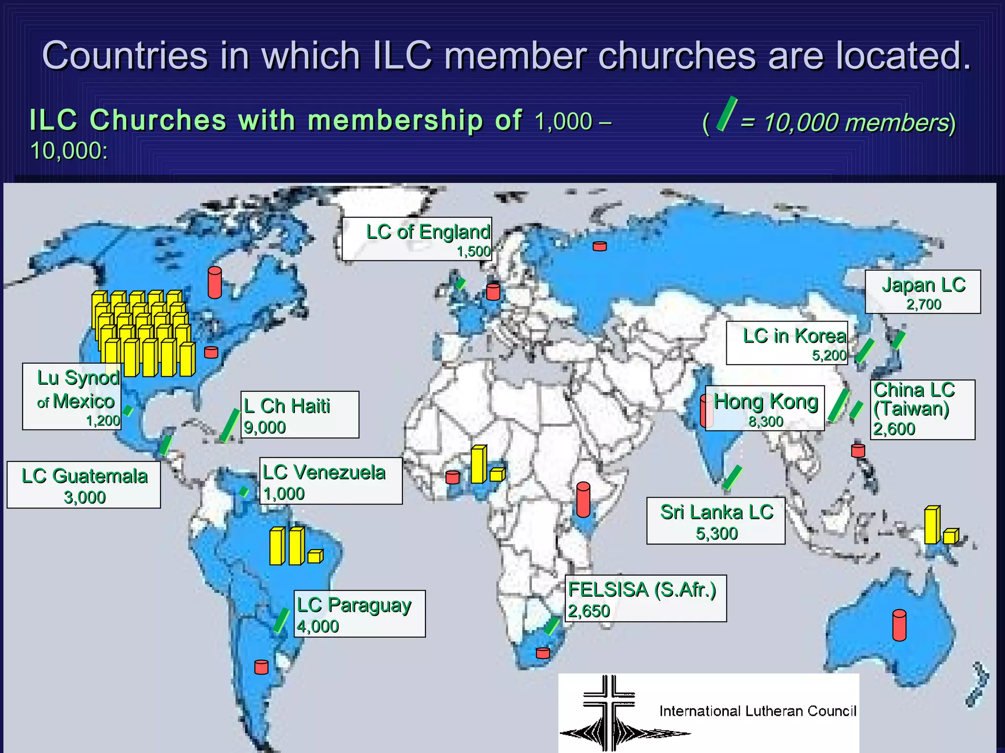 Countries in which ILC member churches are located.
ILC Churches with membership of 1,000 –                       (     = 10,000 members)
10,000:


                               LC of England
                                        1,500

                                                                                      Japan LC
                                                                                        2,700

                                                                     LC in Korea
                                                                             5,200
 Lu Synod
                                                                                     China LC
 of Mexico     L Ch Haiti                                         Hong Kong          (Taiwan)
      1,200                                                          8,300
               9,000                                                                 2,600

LC Guatemala     LC Venezuela
   3,000         1,000
                                                         Sri Lanka LC
                                                             5,300


                                                FELSISA (S.Afr.)
                       LC Paraguay              2,650
                       4,000
 