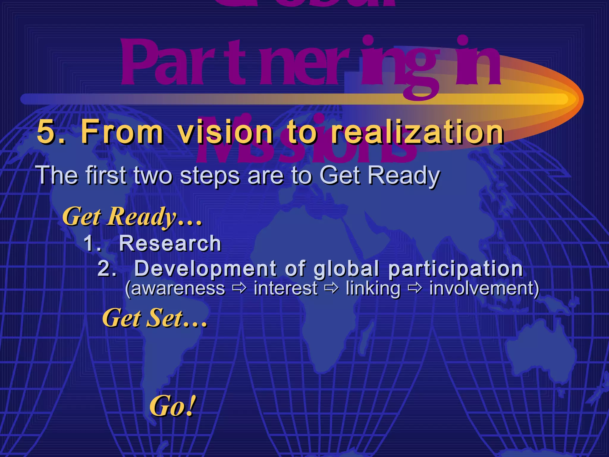 Gl obal
     Par t ner ing in
         M  issions
5. From vision to realization
The first two steps are to Get Ready
  Get Ready…
    1. Research
     2. Development of global participation
       (awareness  interest  linking  involvement)
     Get Set…


          Go!
 