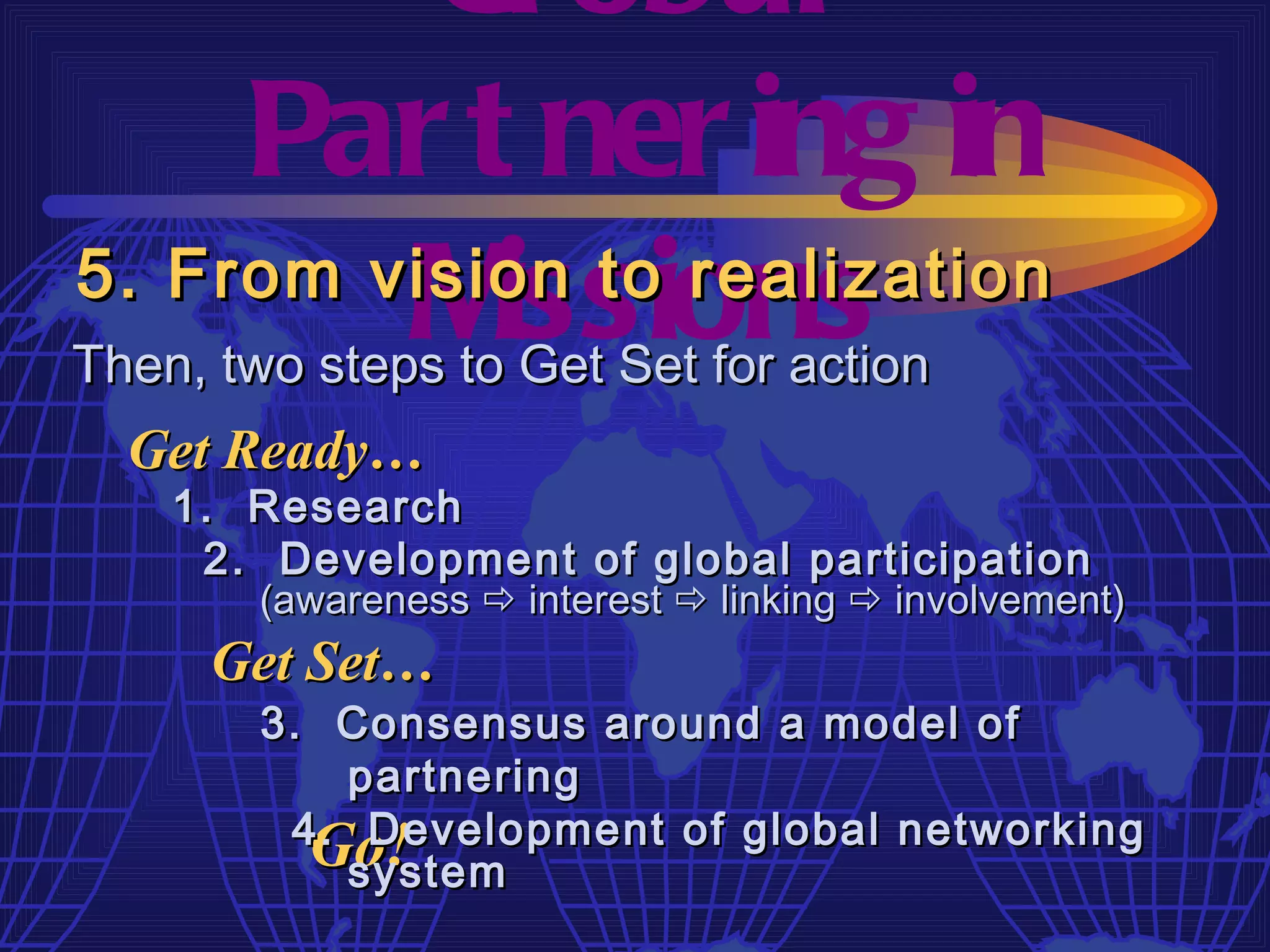 Gl obal
     Par t ner ing in
         M  issions
5. From vision to realization
Then, two steps to Get Set for action
  Get Ready…
    1. Research
     2. Development of global participation
        (awareness  interest  linking  involvement)
     Get Set…
        3. Consensus around a model of
           partnering
         4. Development of global networking
          Go!
           system
 