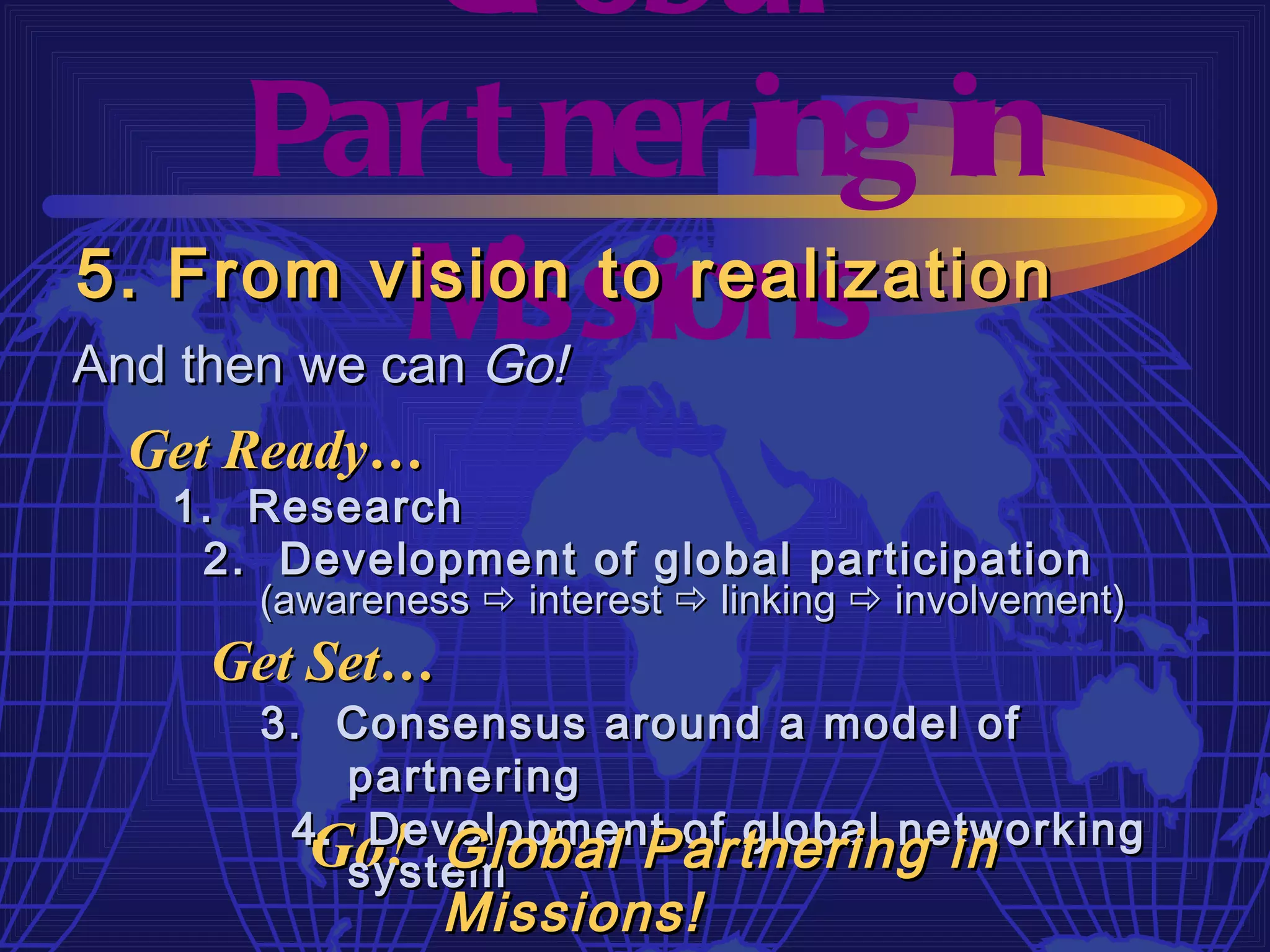 Gl obal
     Par t ner ing in
         M  issions
5. From vision to realization
            Go!
And then we can
  Get Ready…
   1. Research
    2. Development of global participation
       (awareness  interest  linking  involvement)
     Get Set…
       3. Consensus around a model of
          partnering
        4. Development of global networking
         Go! Global Partnering in
          system
                Missions!
 