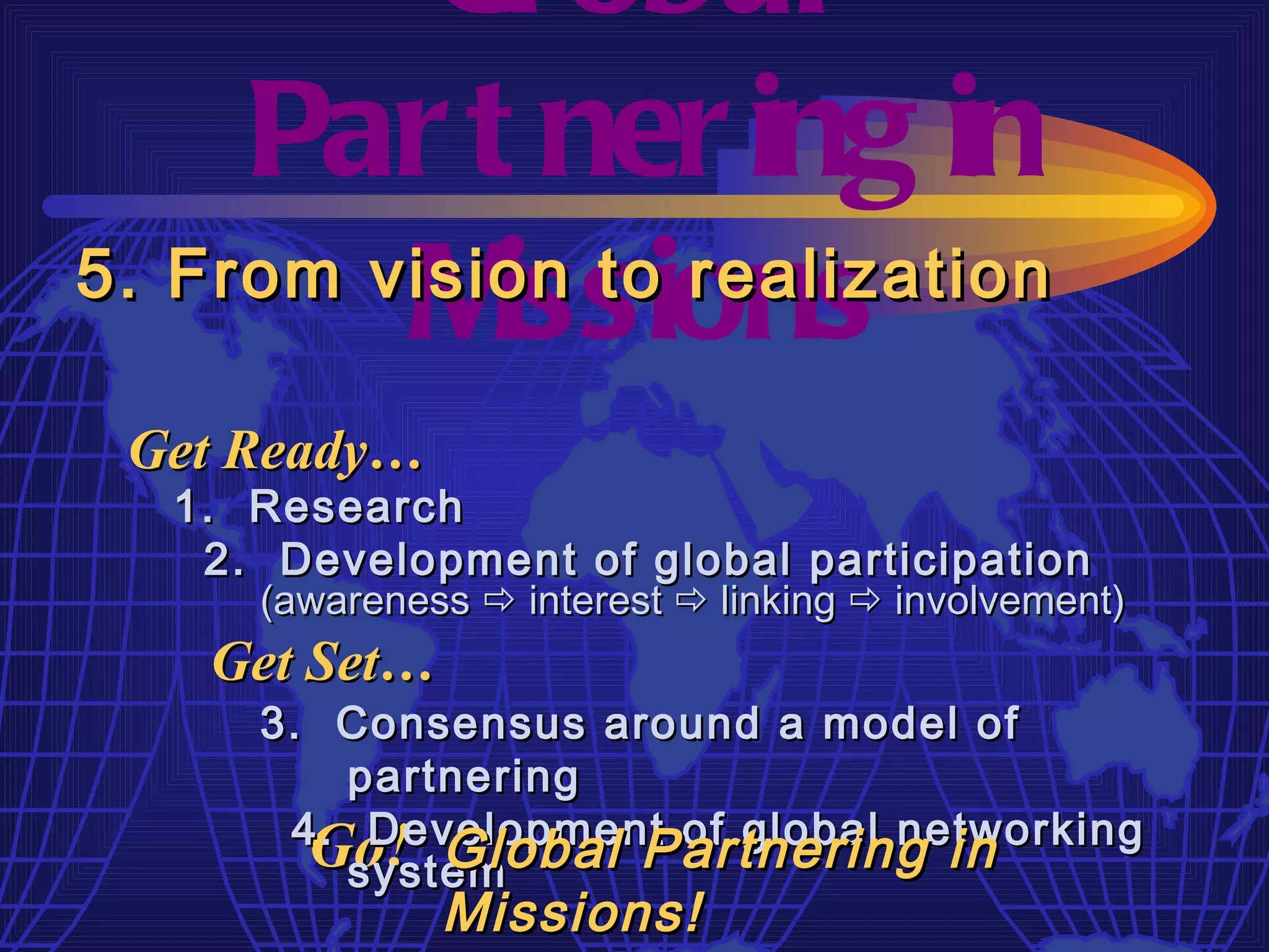 Gl obal
     Par t ner ing in
         M  issions
5. From vision to realization

 Get Ready…
  1. Research
   2. Development of global participation
     (awareness  interest  linking  involvement)
   Get Set…
     3. Consensus around a model of
        partnering
      4. Development of global networking
       Go! Global Partnering in
        system
              Missions!
 
