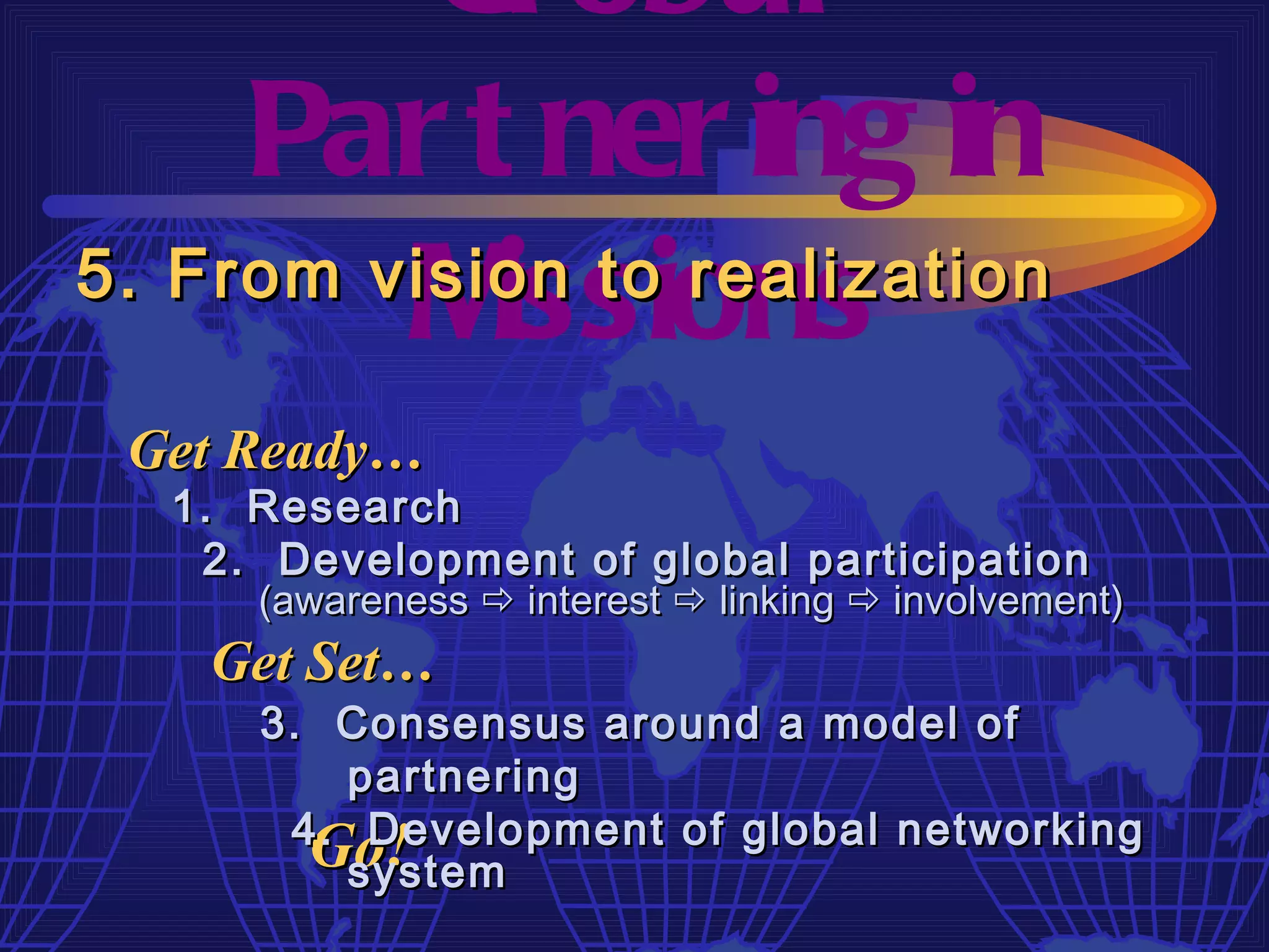 Gl obal
     Par t ner ing in
         M  issions
5. From vision to realization

 Get Ready…
  1. Research
   2. Development of global participation
     (awareness  interest  linking  involvement)
   Get Set…
     3. Consensus around a model of
        partnering
      4. Development of global networking
       Go!
        system
 